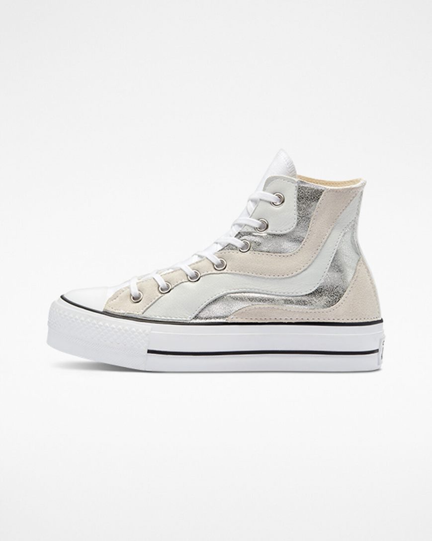 Pantofi Platforma Dama Converse Chuck Taylor All Star Lift Metallic Wave Inalti Albi | RO PNKHX296